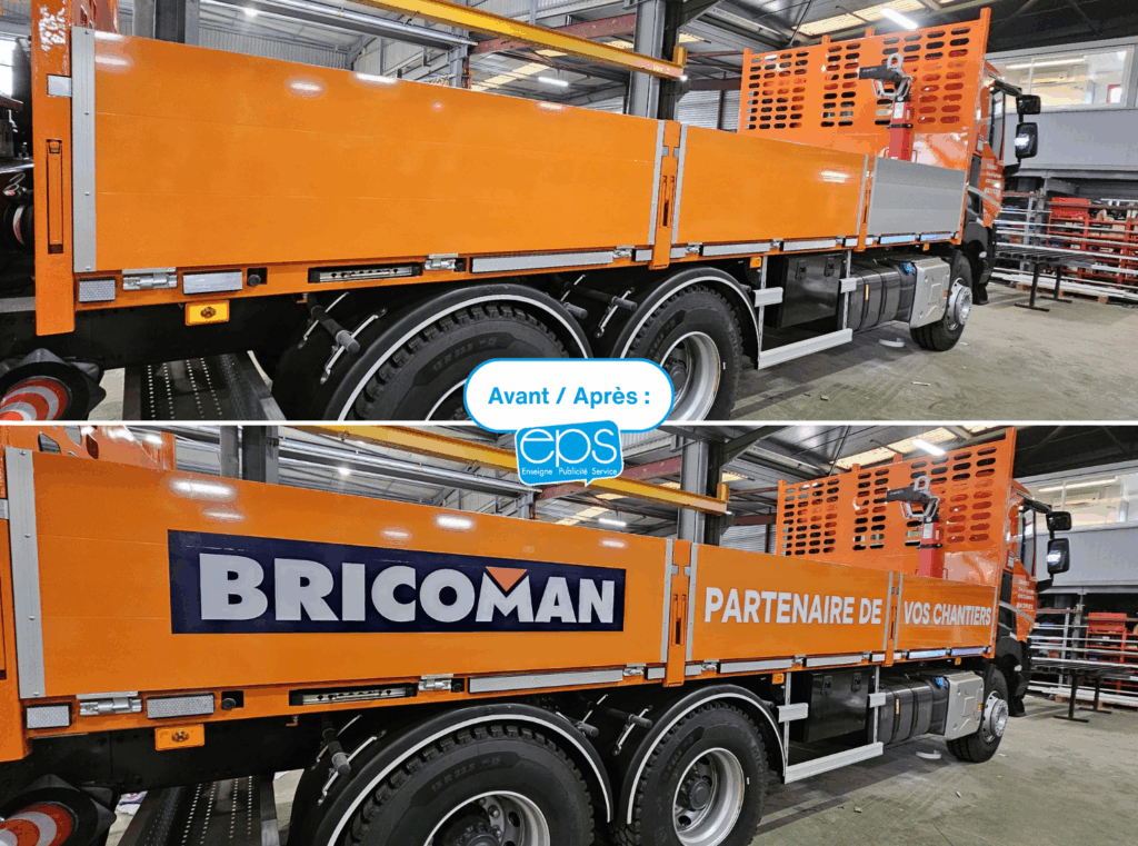 Avant-Après HYMSO pour Bricoman déco véhicule logo impression numérique et ridelles orange